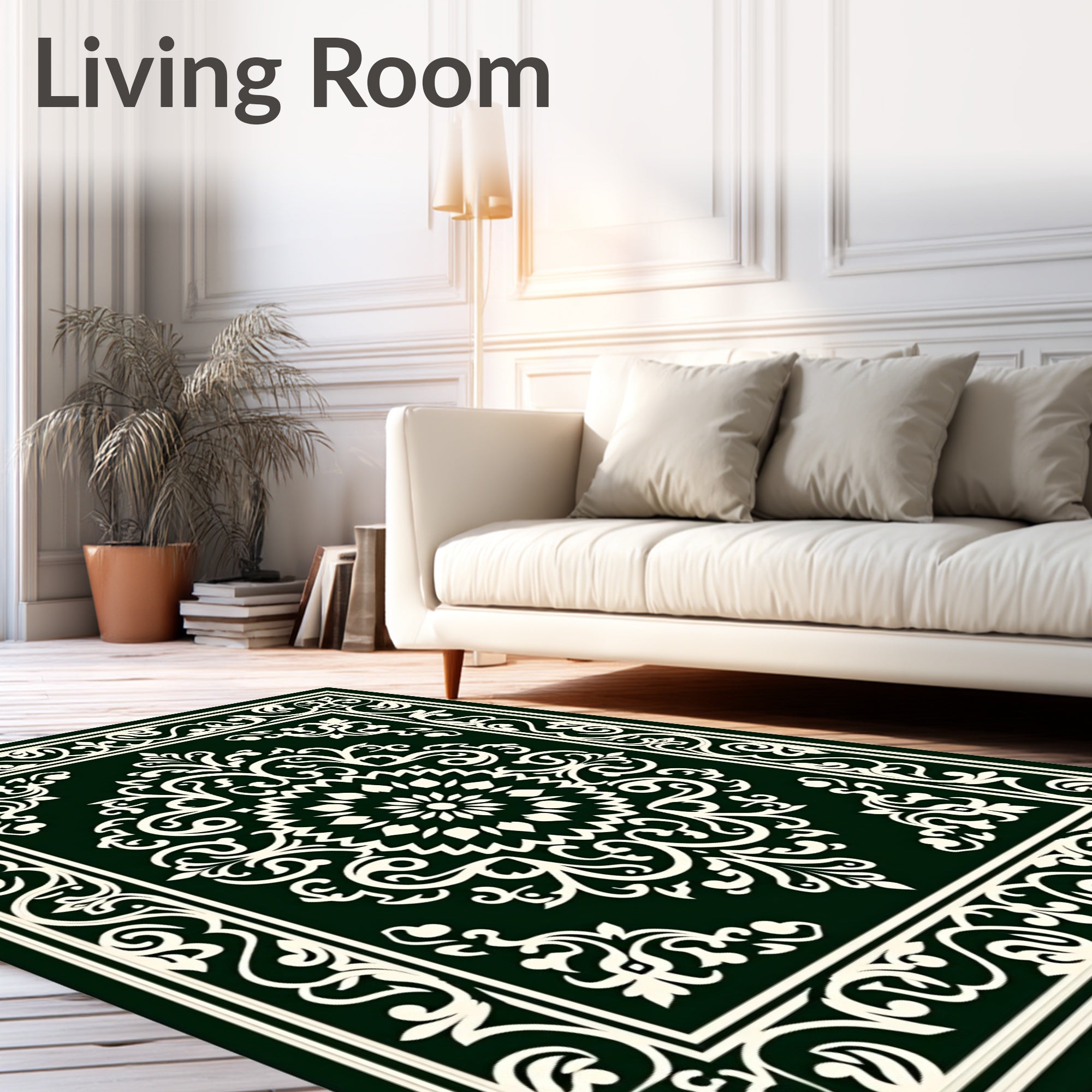 Dark Green Ivory Floral Medallion Border Rug