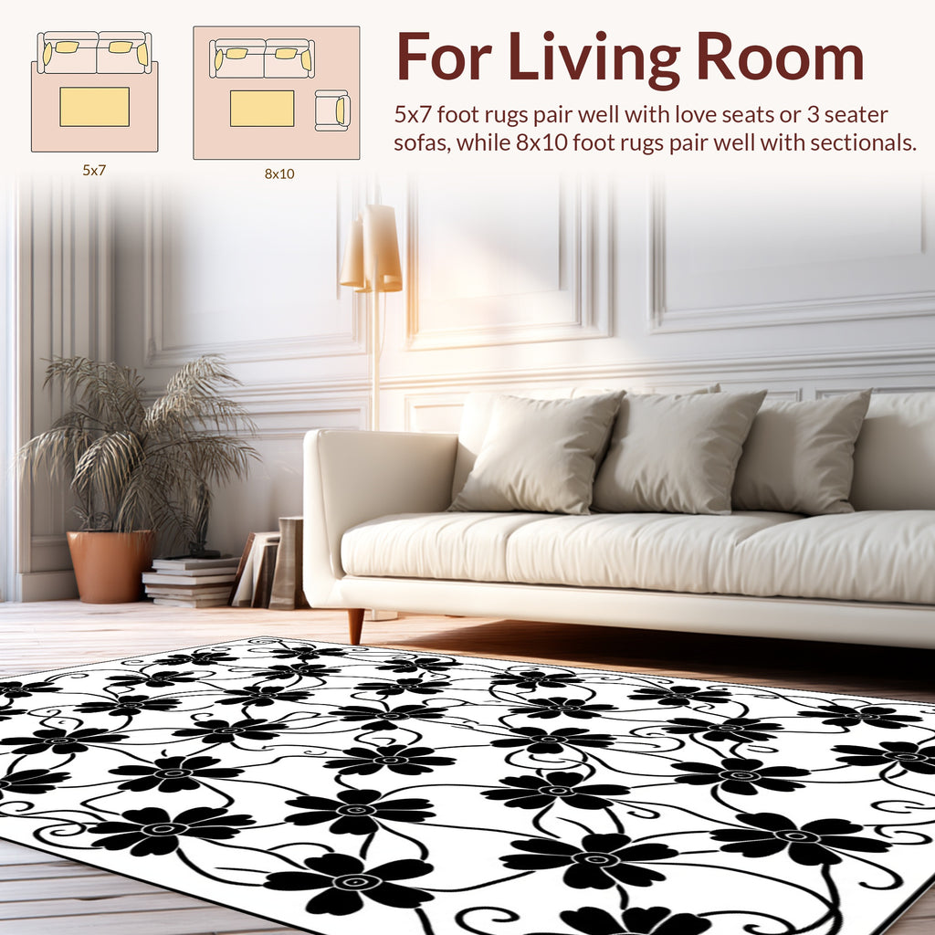 Floral Vine Black And White Pattern Rug