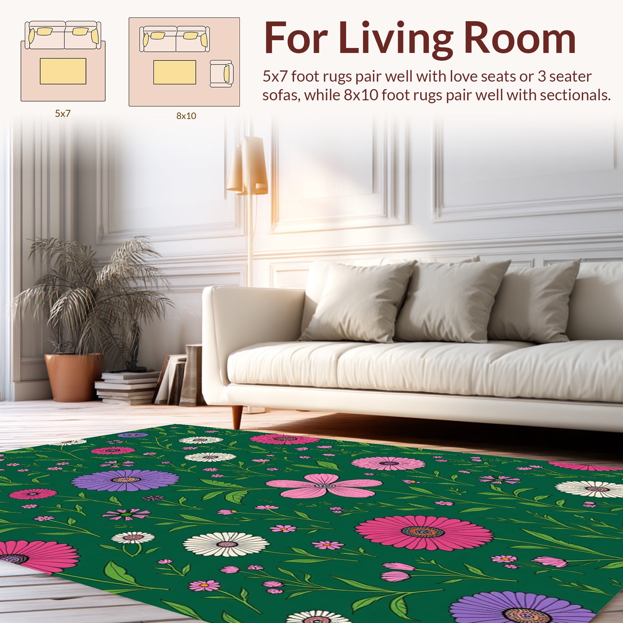 Vibrant Floral Patterned Green Rug