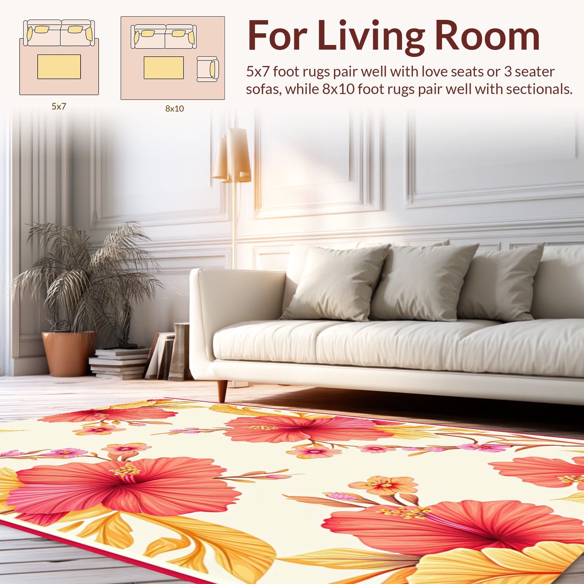 Vibrant Coral Hibiscus Floral Design Rug