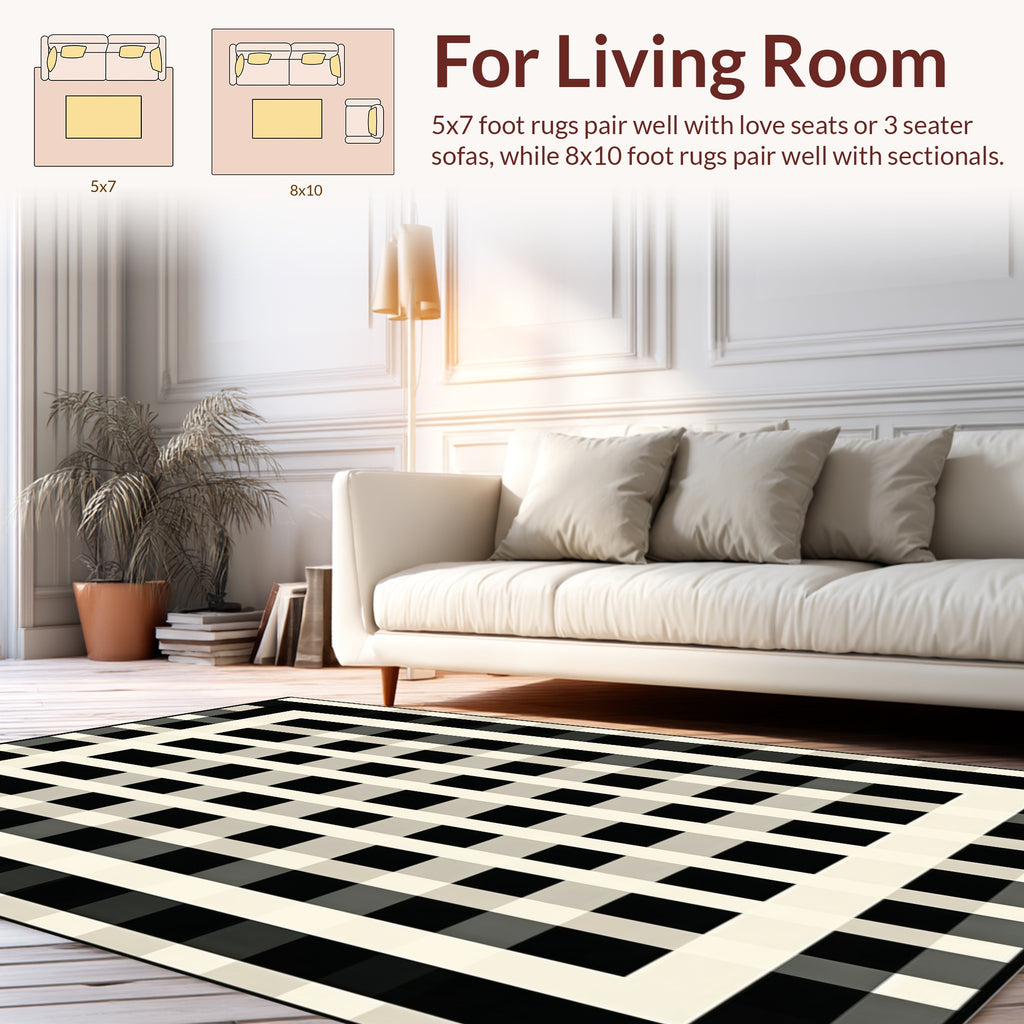 Modern Black Cream Grid Pattern Rug