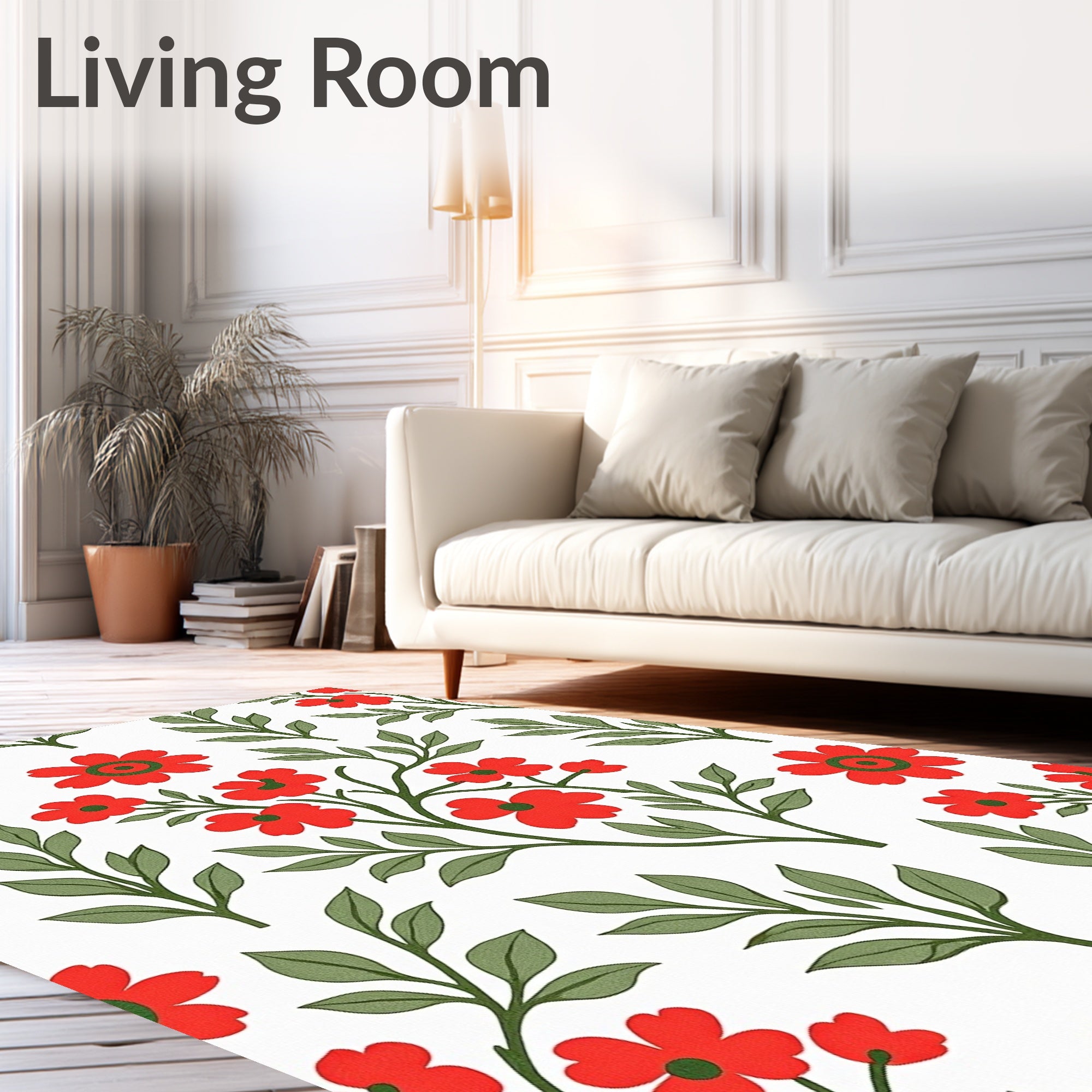 Red Floral Branches Green Leaves Rug