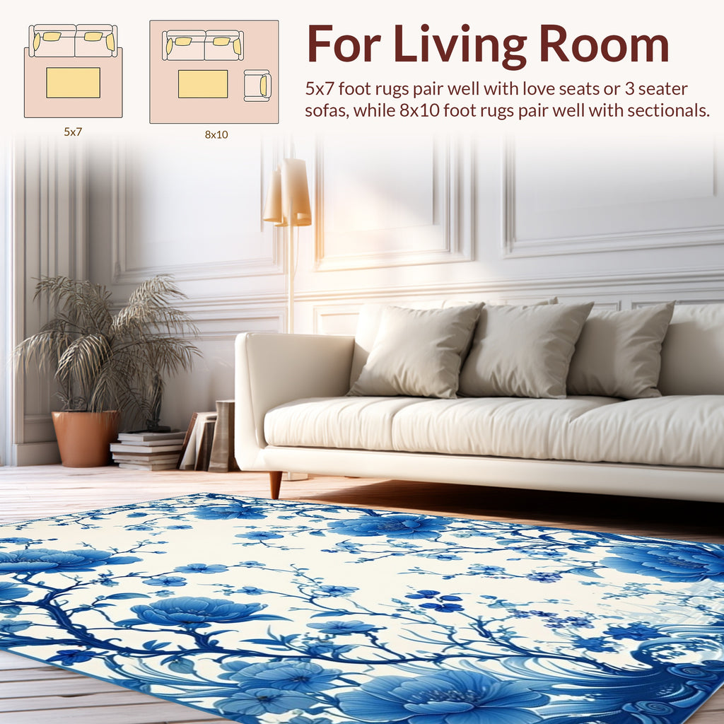 Blue Floral Branches And Leaves Design Rug