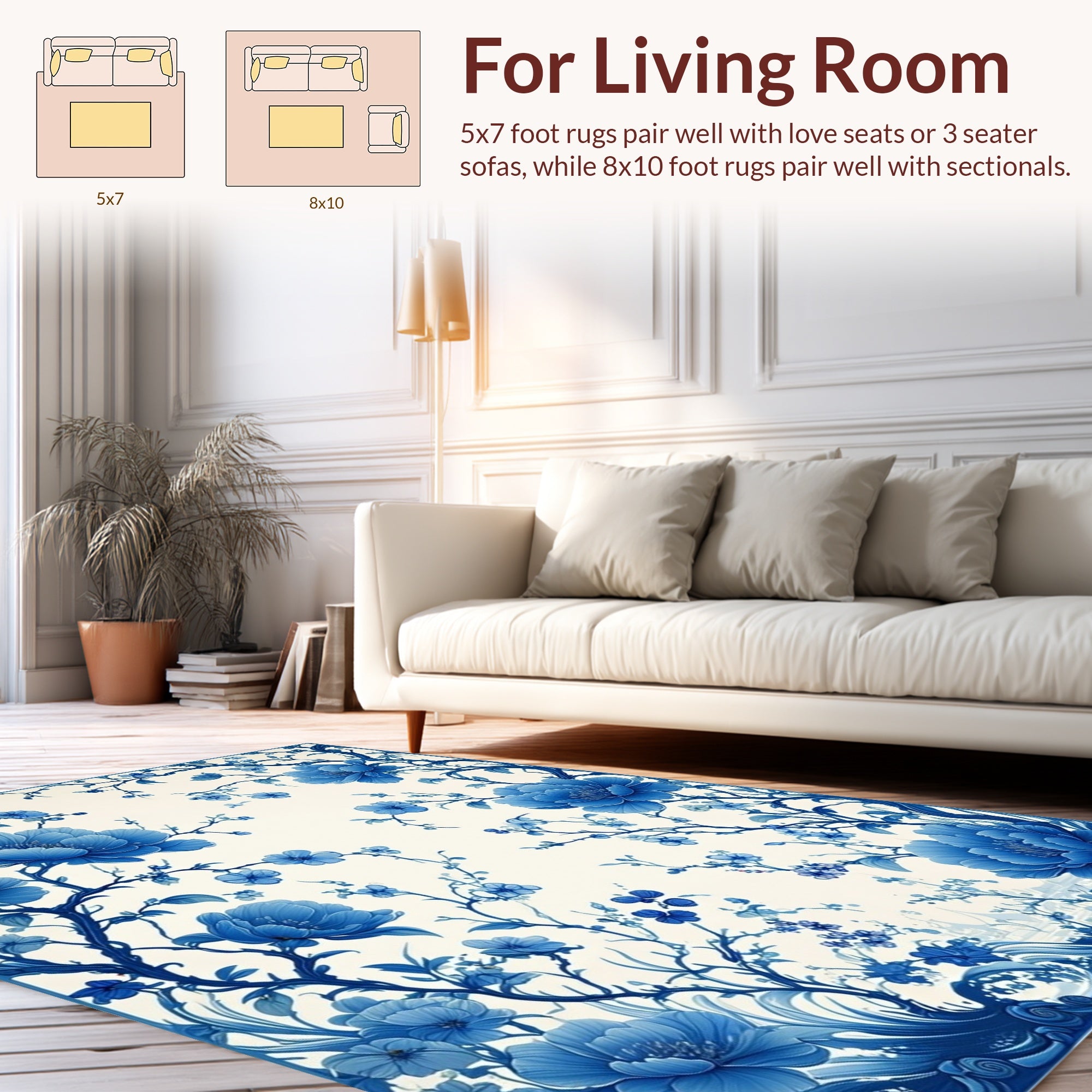 Blue Floral Branches And Leaves Design Rug