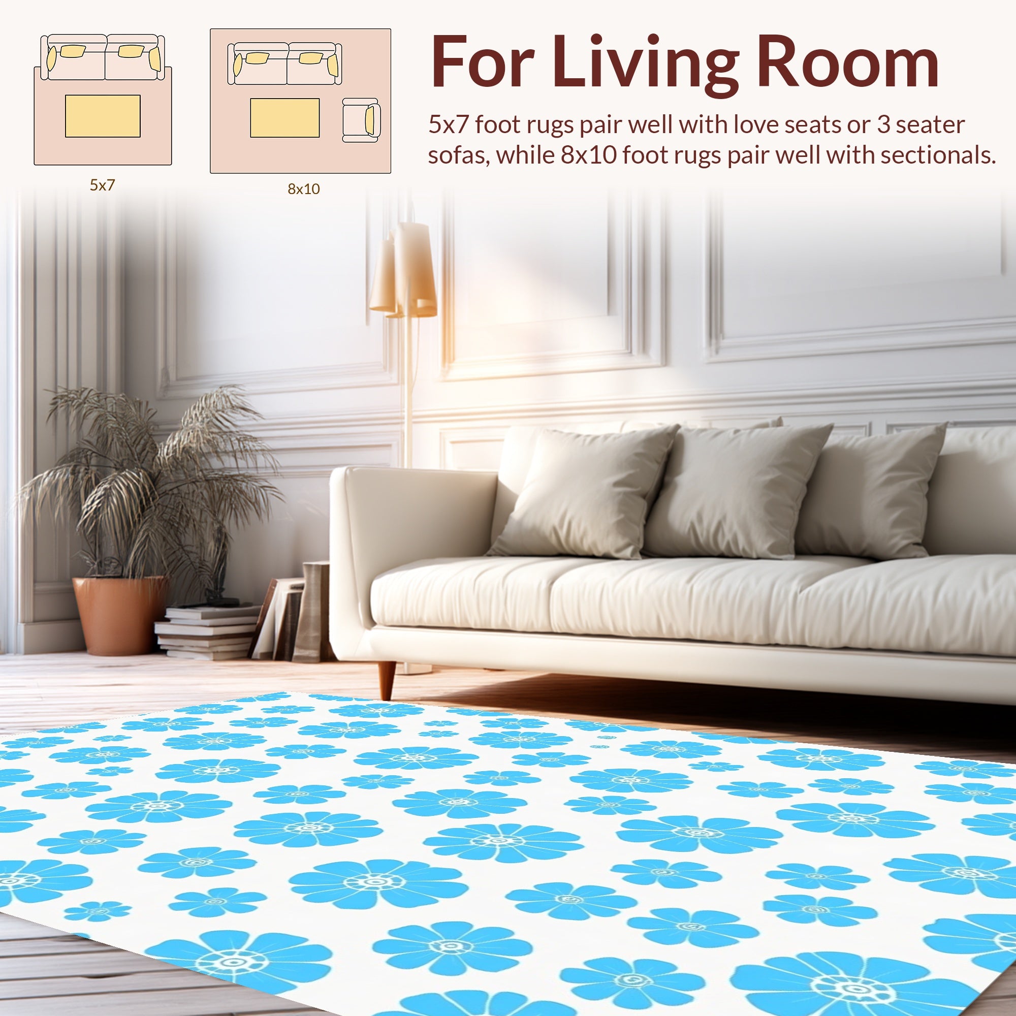 Bright Blue Floral Pattern Design Rug