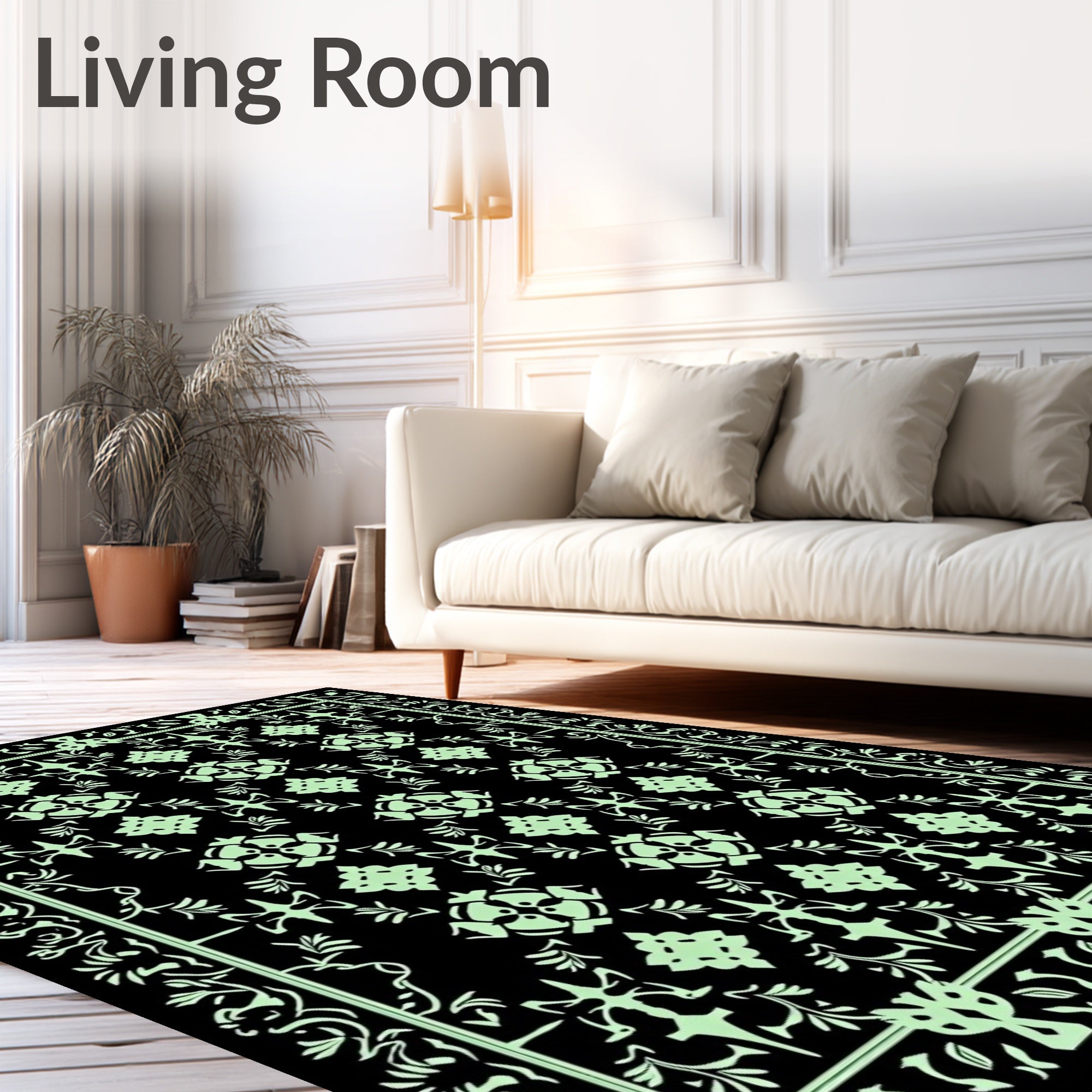 Light Green Black Ornate Floral Rug