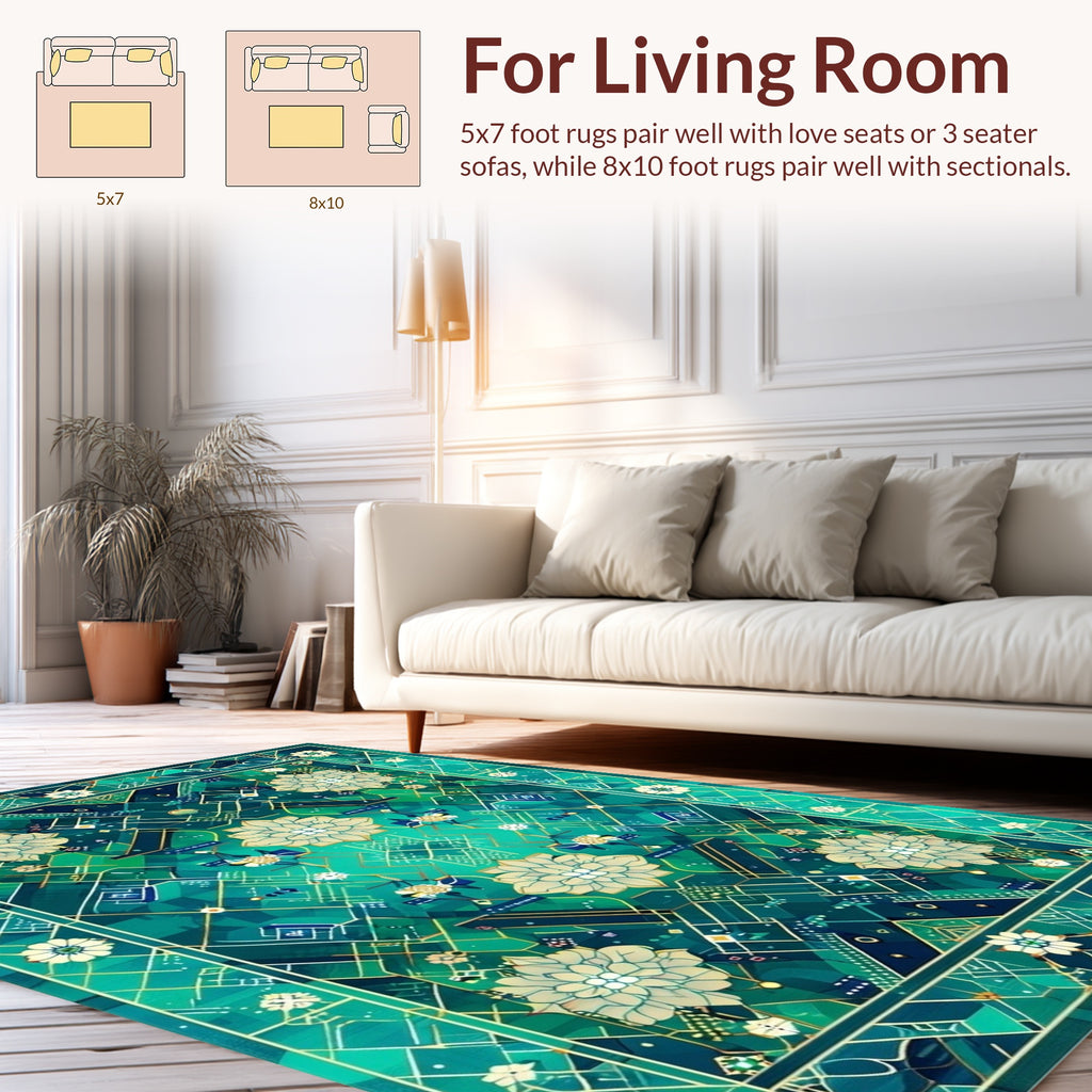 Geometric Floral Patterned Teal Rug