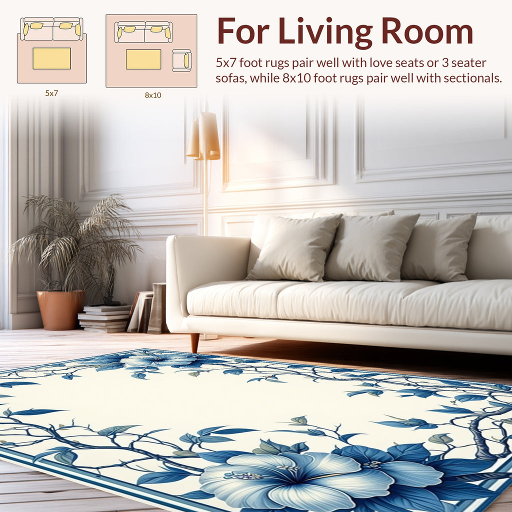 Vibrant Blue Floral Vine Pattern Rug