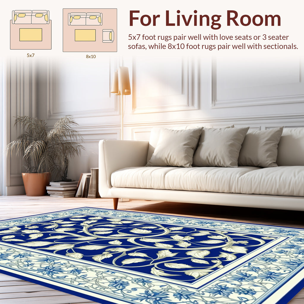 Ornate Blue White Floral Vine Medallion Rug