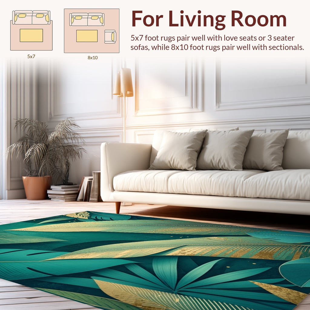 Emerald Green Tropical Leaf Pattern Rug