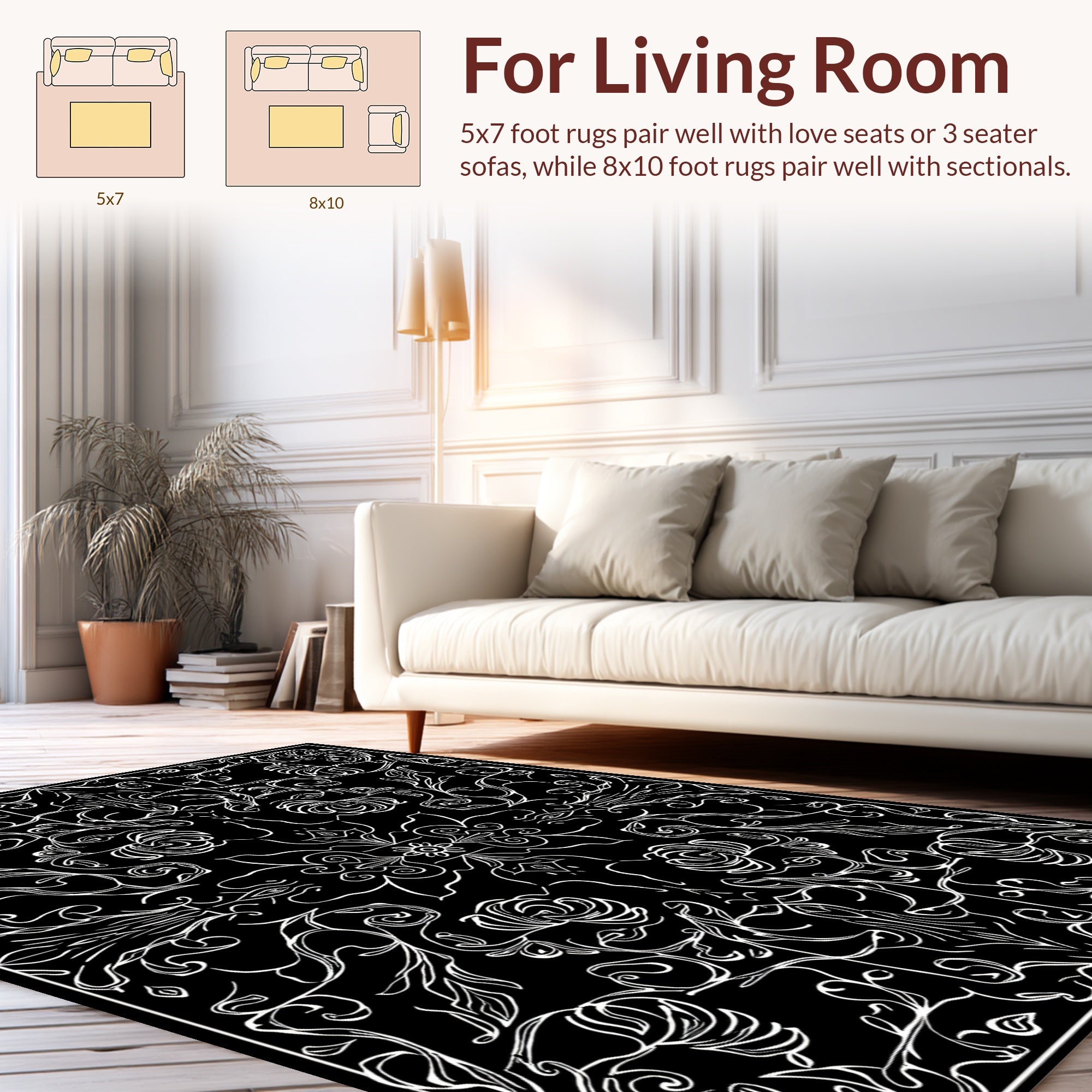 Elegant White Swirls Floral Design Rug