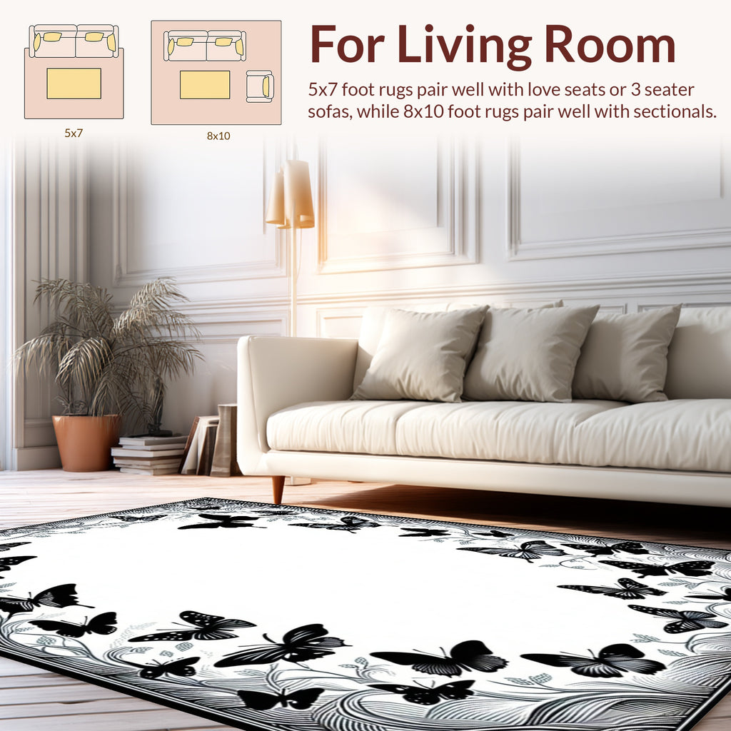 Black White Butterfly Scrollwork Design Rug