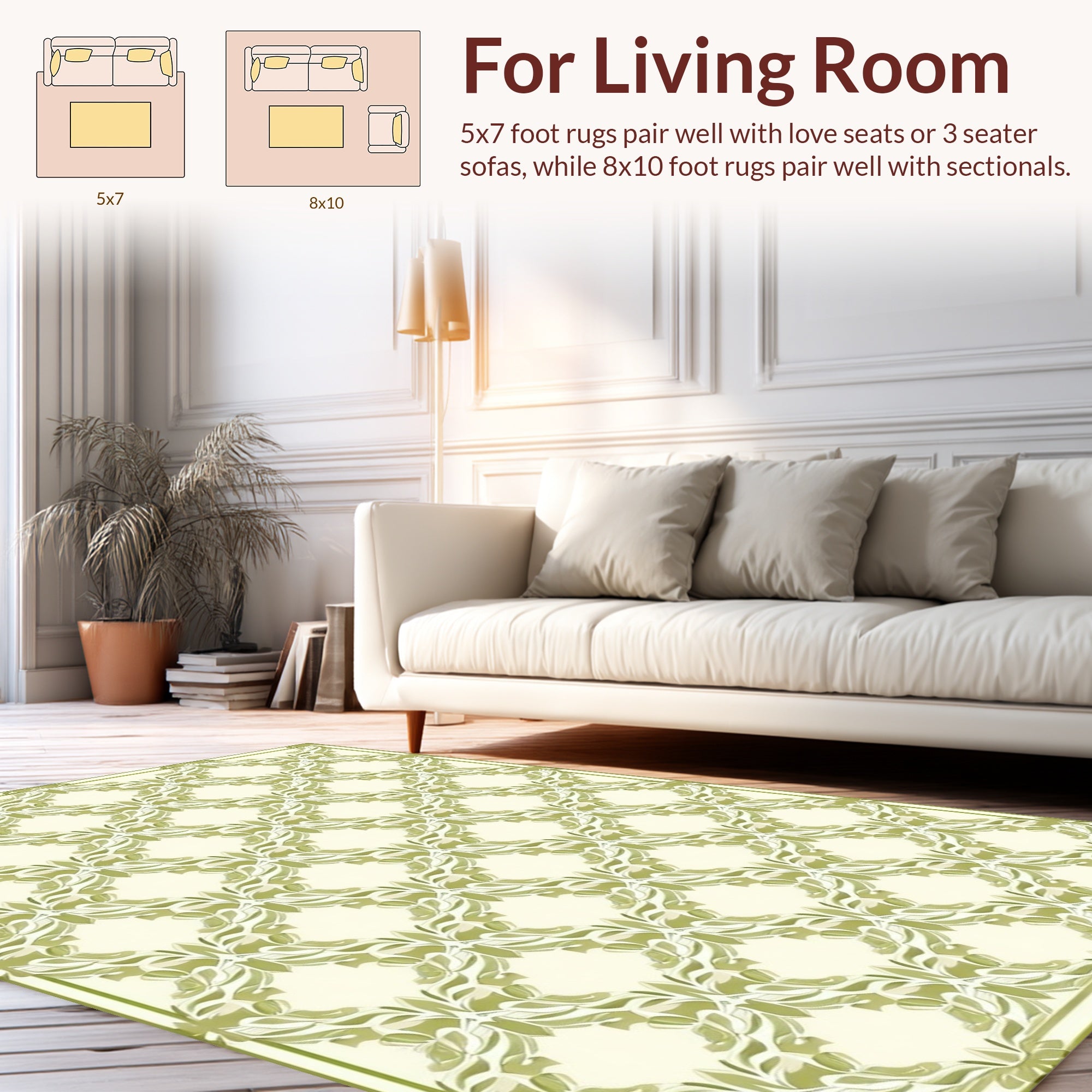 Subtle Green Leaf Patterned Design Rug