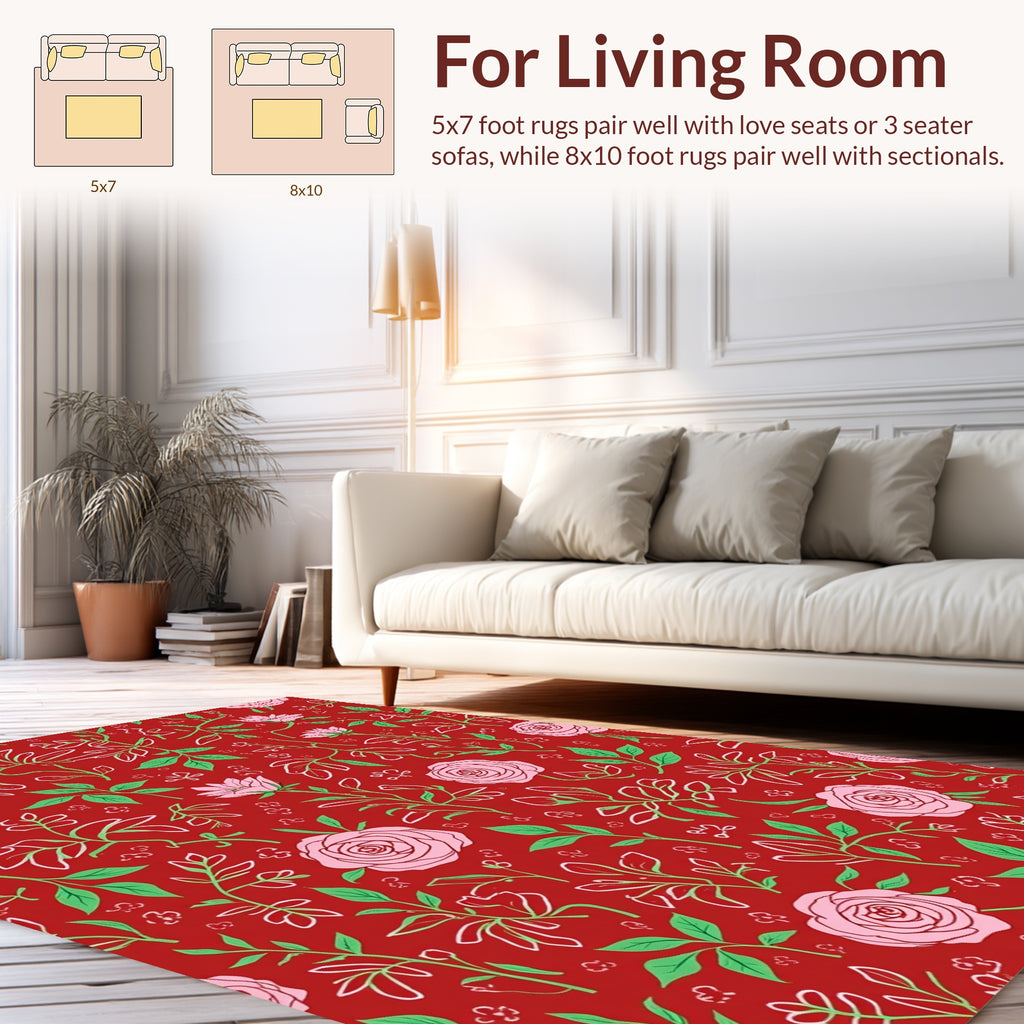 Red Floral Botanical Outline Design Rug