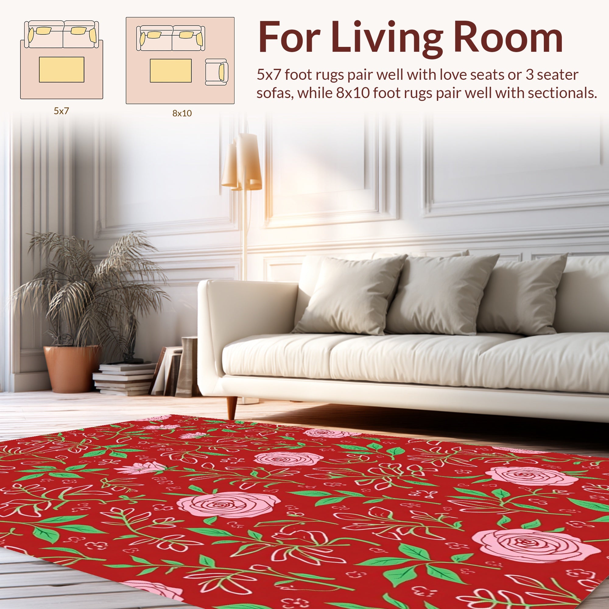Red Floral Botanical Outline Design Rug