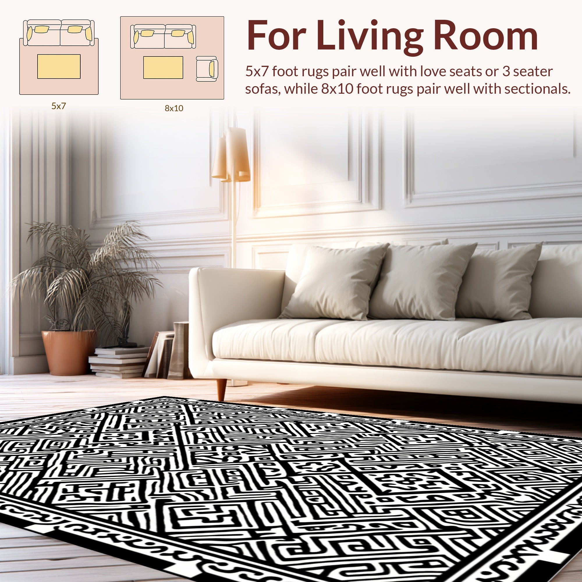 Intricate Black and White Geometric Maze Rug