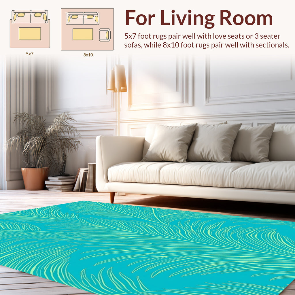 Turquoise Feather Line Art Design Rug