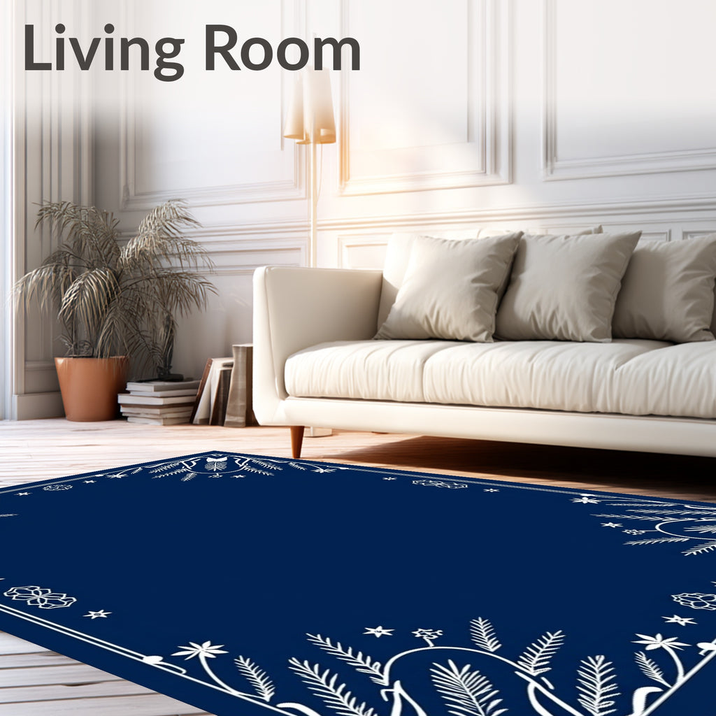 Navy White Folk Art Floral Border Rug