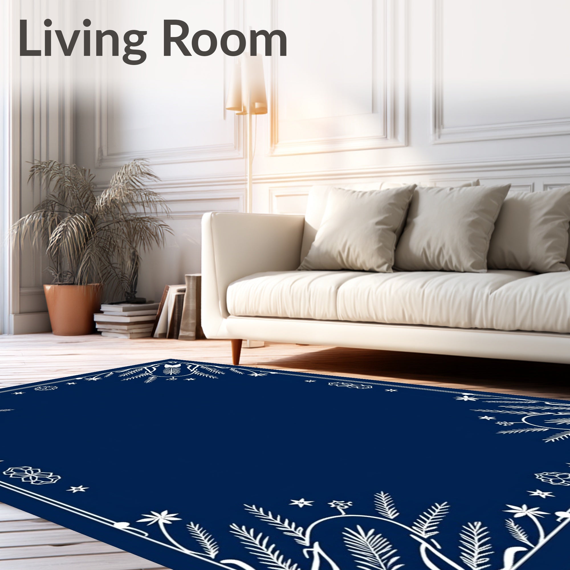 Navy White Folk Art Floral Border Rug