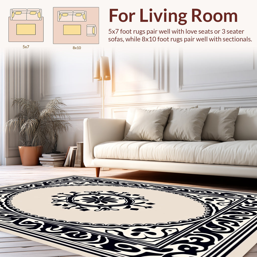 Ornate Black Beige Scrollwork Rug