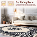 Ornate Black Beige Scrollwork Rug