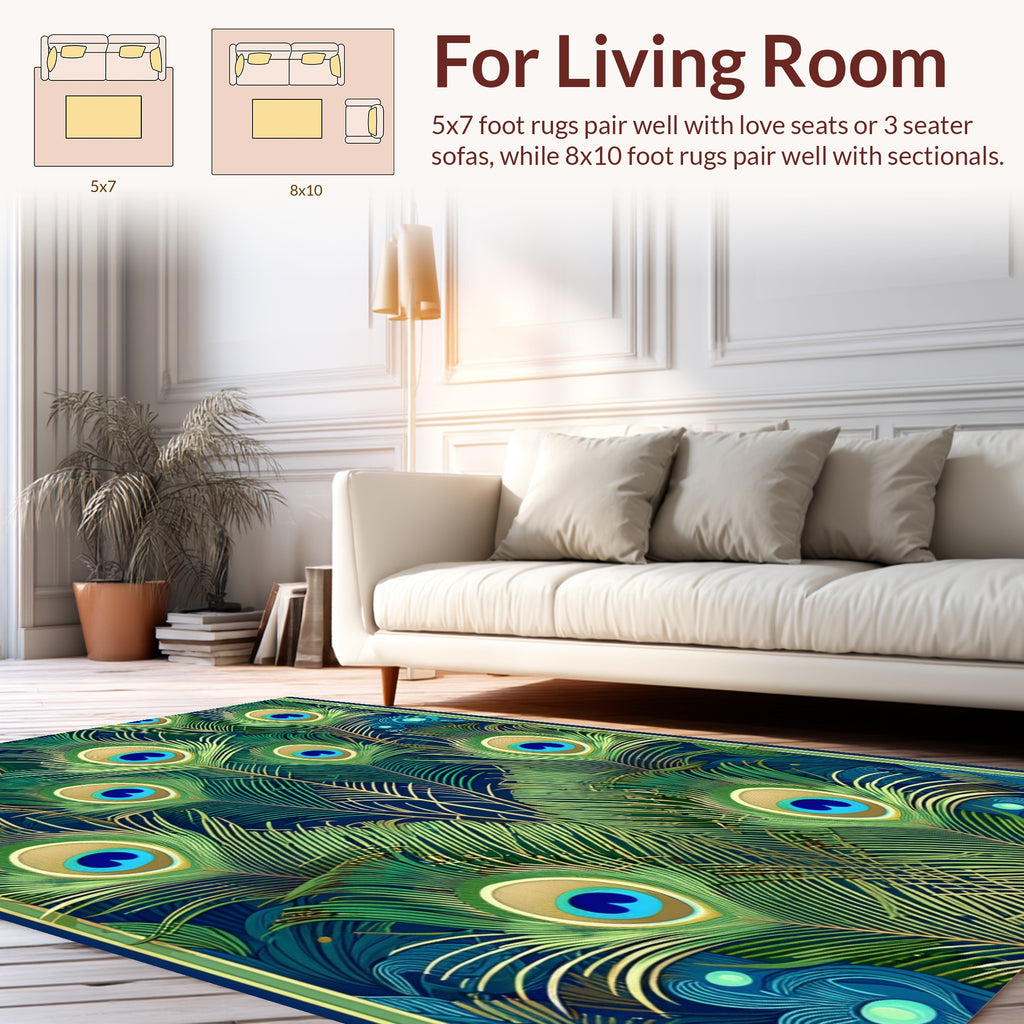 Elegant Emerald Peacock Feather Pattern Rug