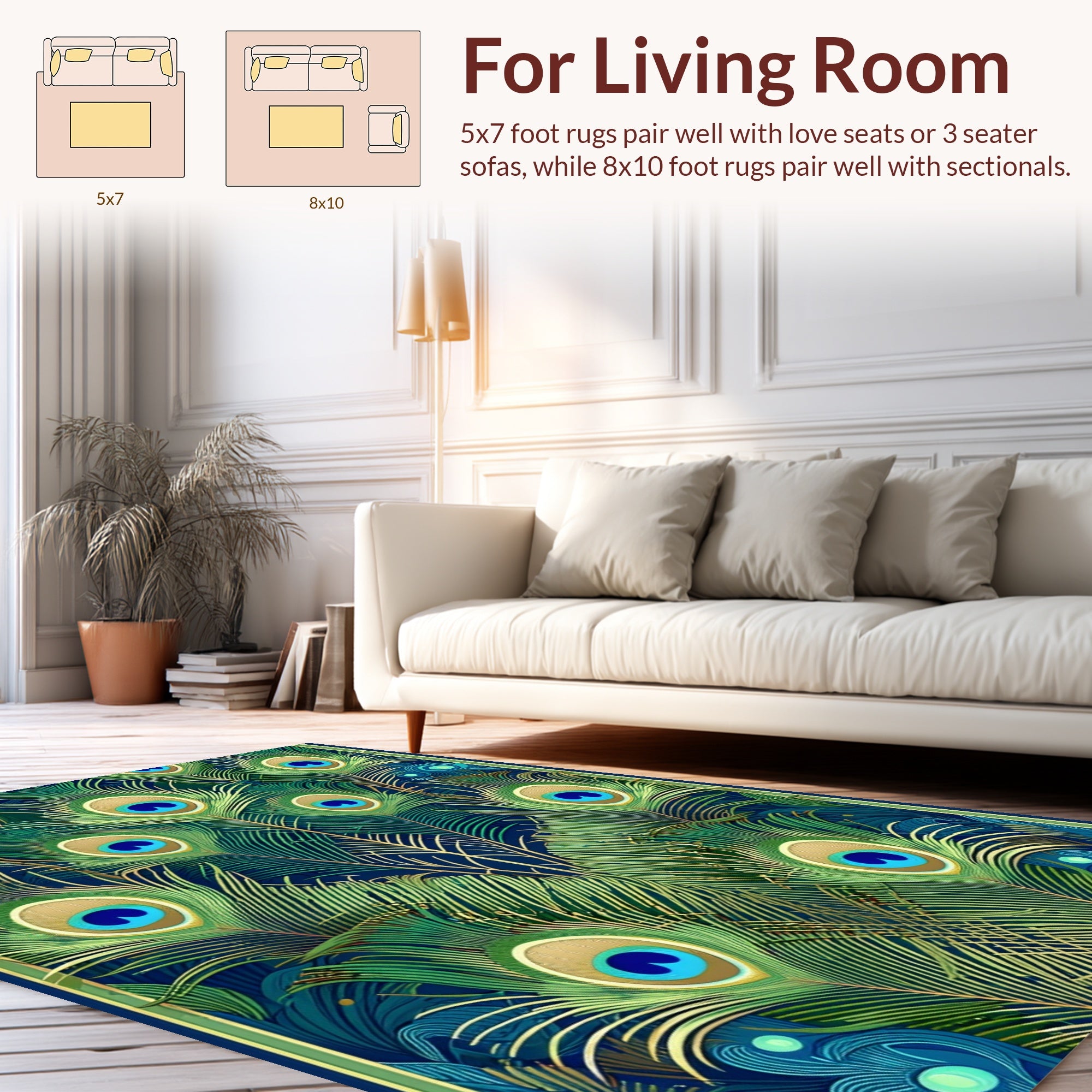 Elegant Emerald Peacock Feather Pattern Rug