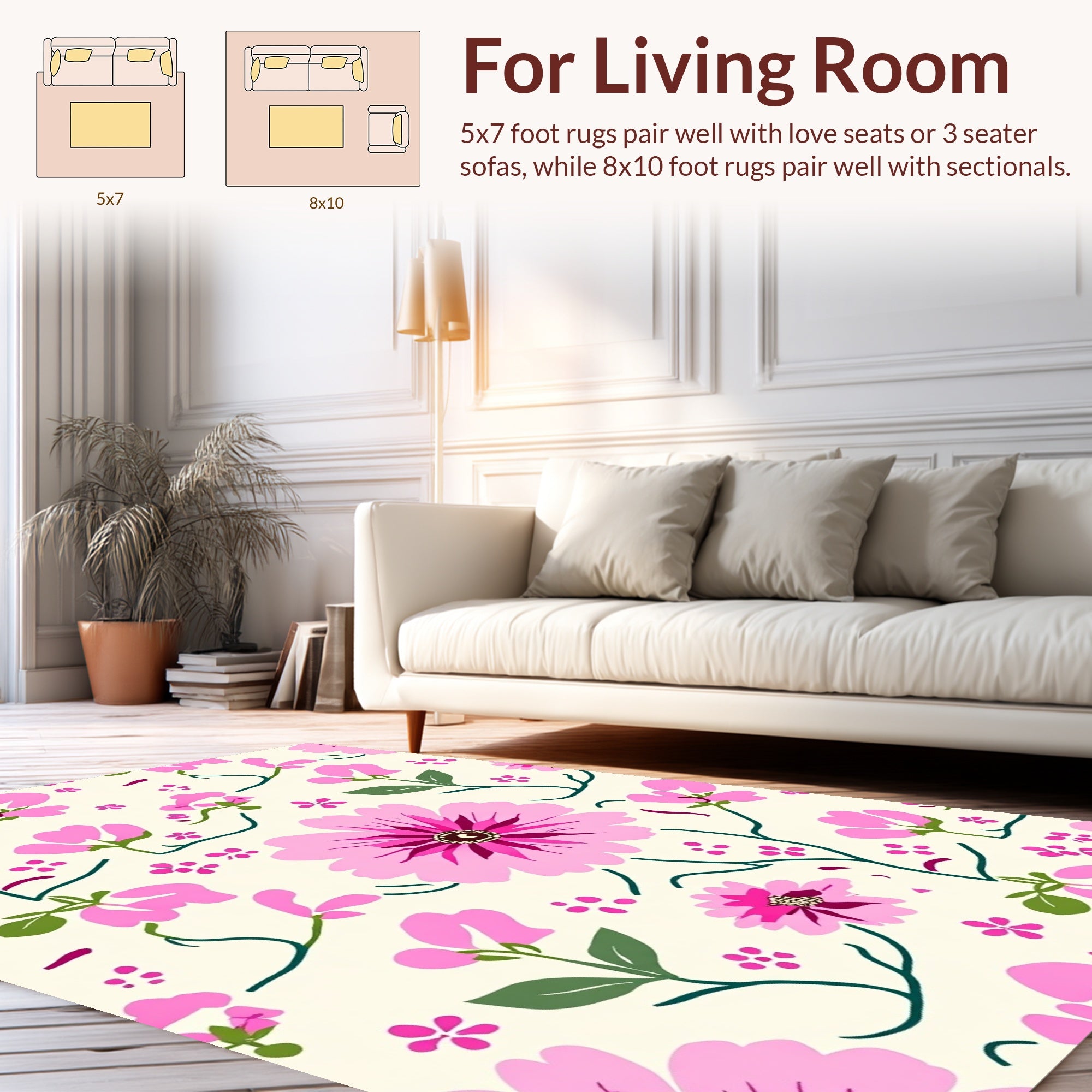 Whimsical Pink Floral Branch Pattern Rug