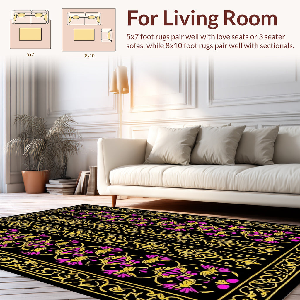 Ornamental Black Gold Pink Floral Pattern Rug