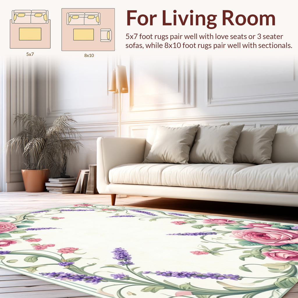 Elegant Pink Rose Lavender Floral Design Rug