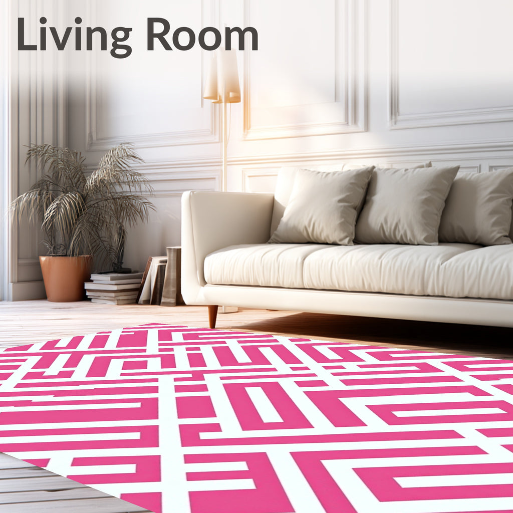 Vibrant Pink White Geometric Maze Rug
