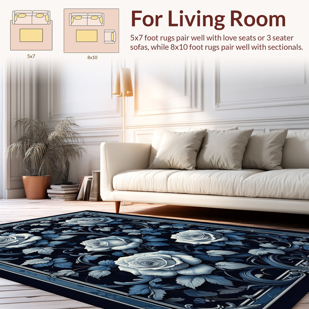 Elegant Blue Floral Rose Design Rug