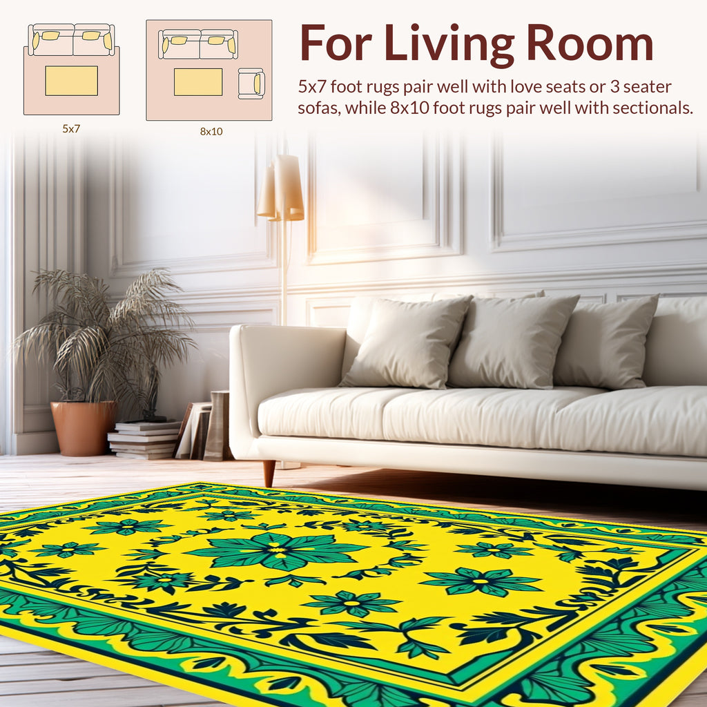 Vibrant Yellow Floral Border Pattern Rug