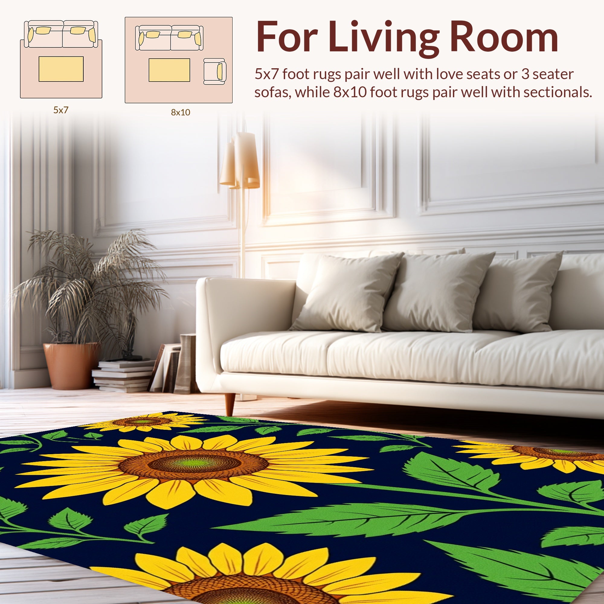 Bold Yellow Sunflower Botanical Pattern Rug