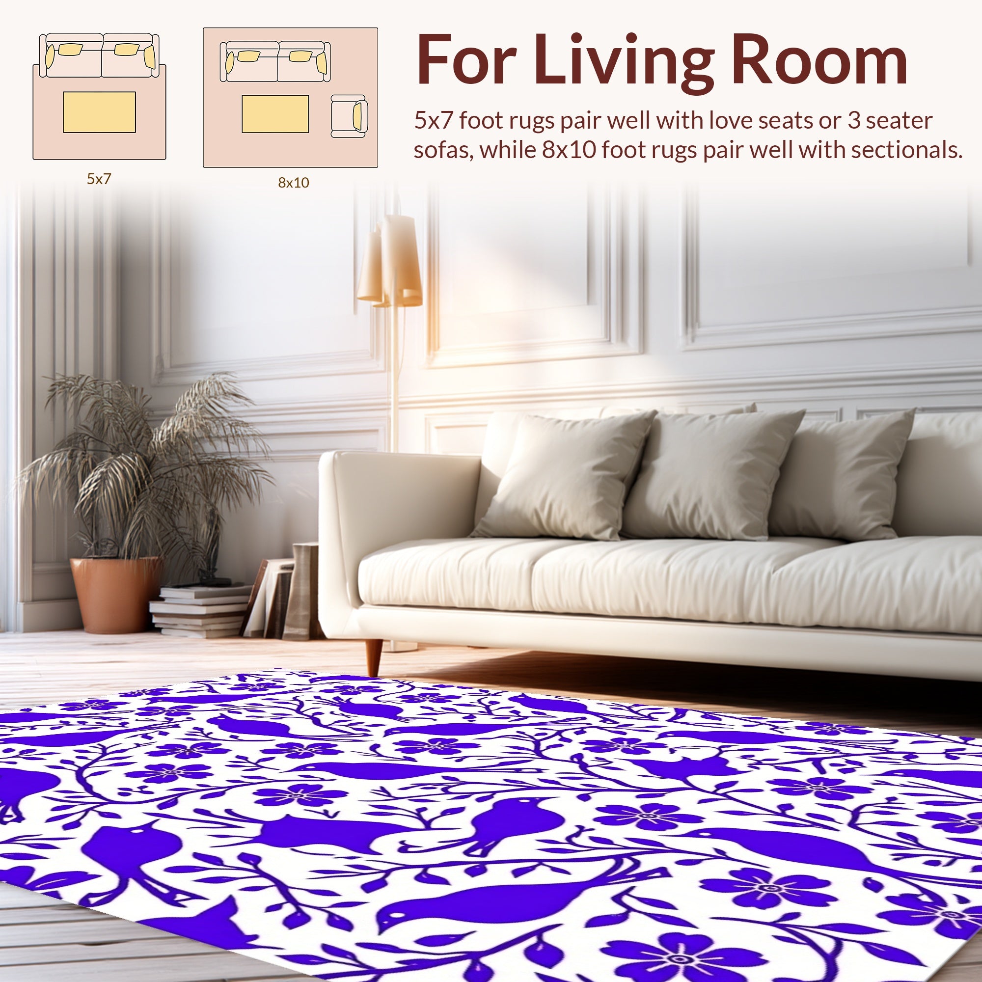 Vibrant Purple Bird and Floral Pattern Rug