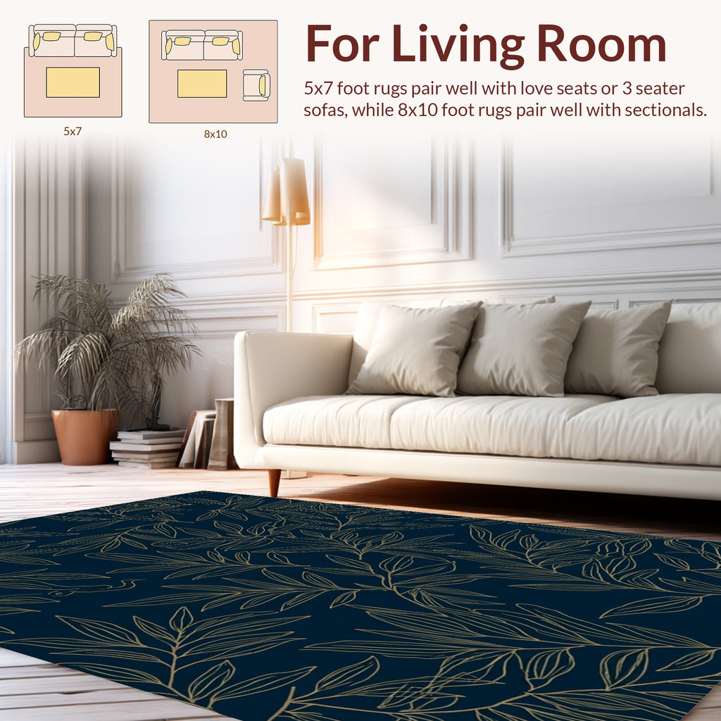 Leafy Branch Patterned Dark Blue Rug