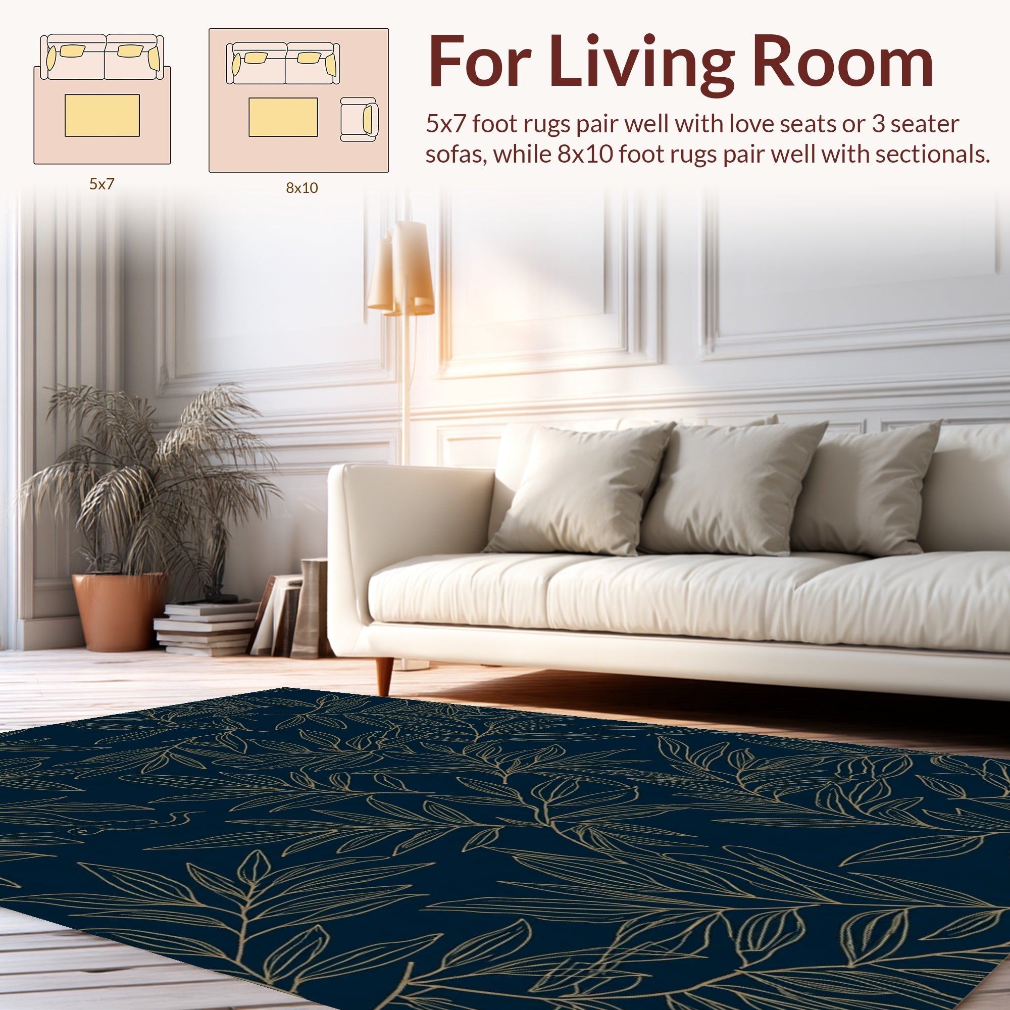 Leafy Branch Patterned Dark Blue Rug