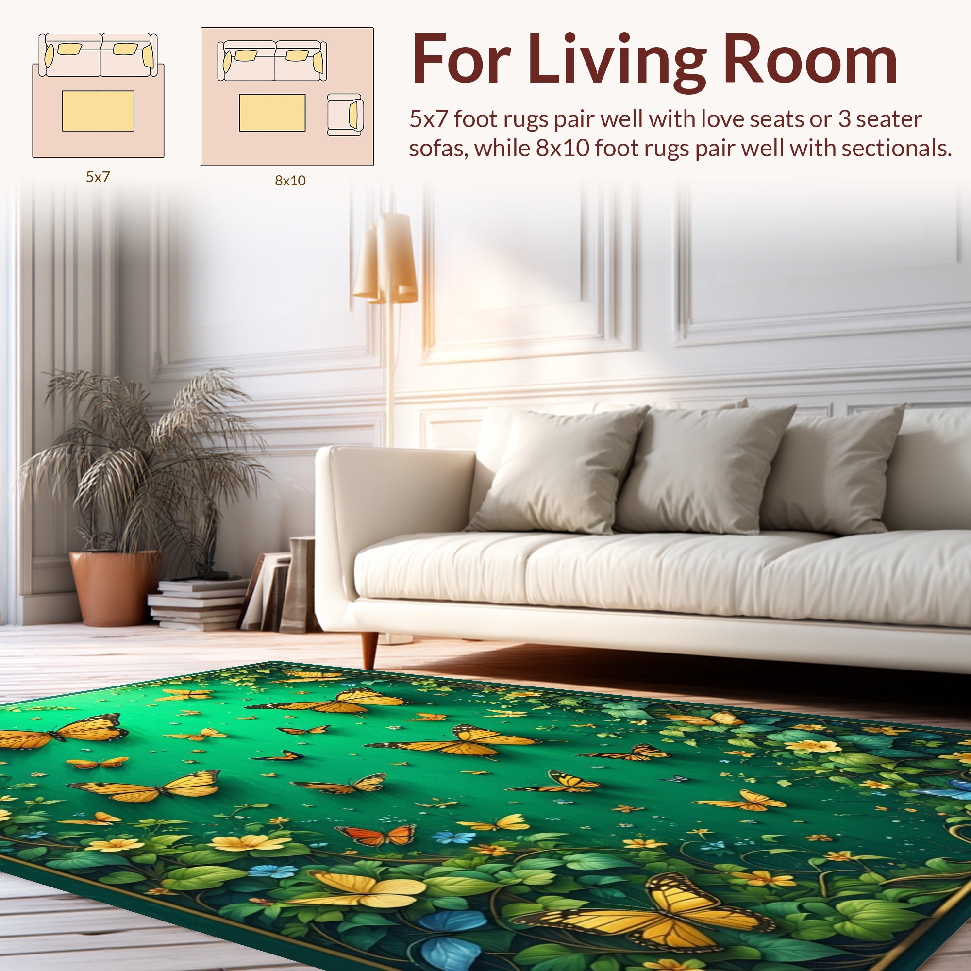 Golden Butterflies Vibrant Green Swirls Rug
