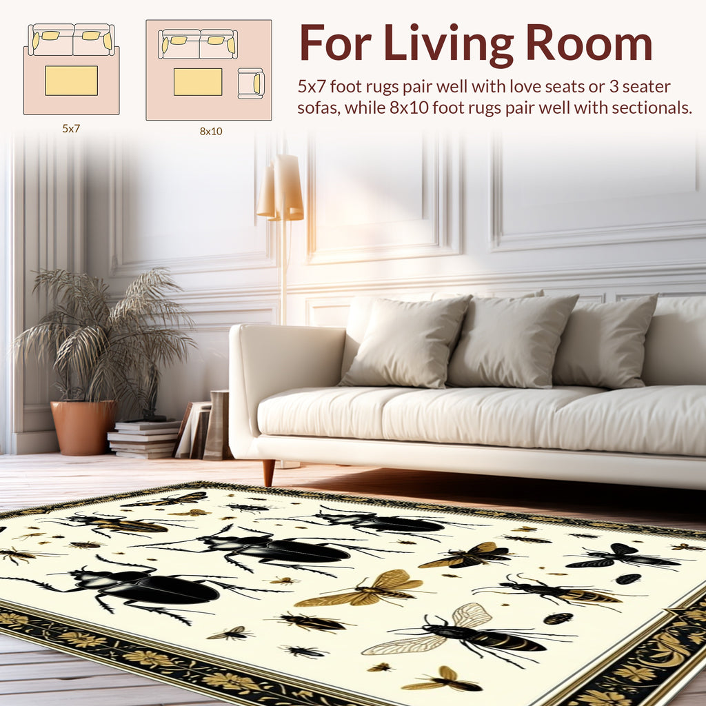 Insect Botanical Golden Frame Design Rug