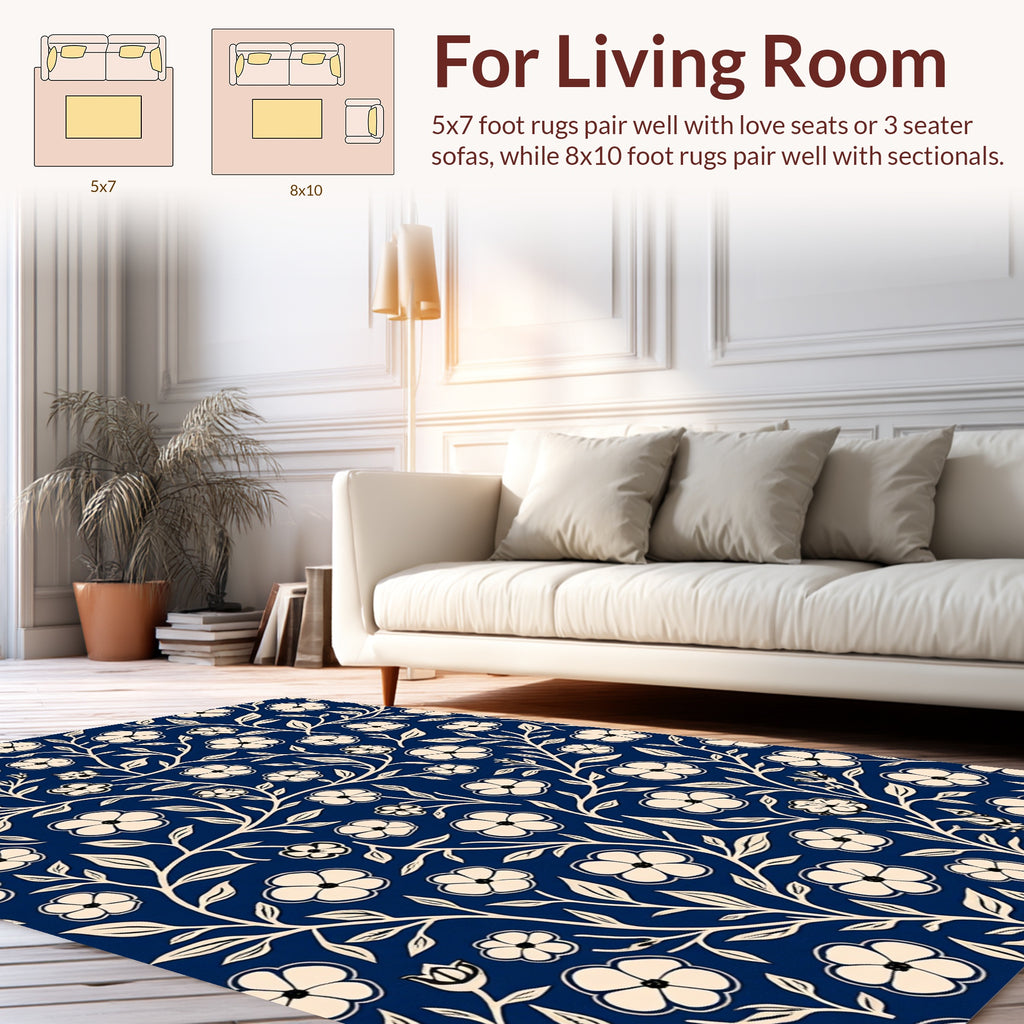 Navy Blue Floral Vine Pattern Rug