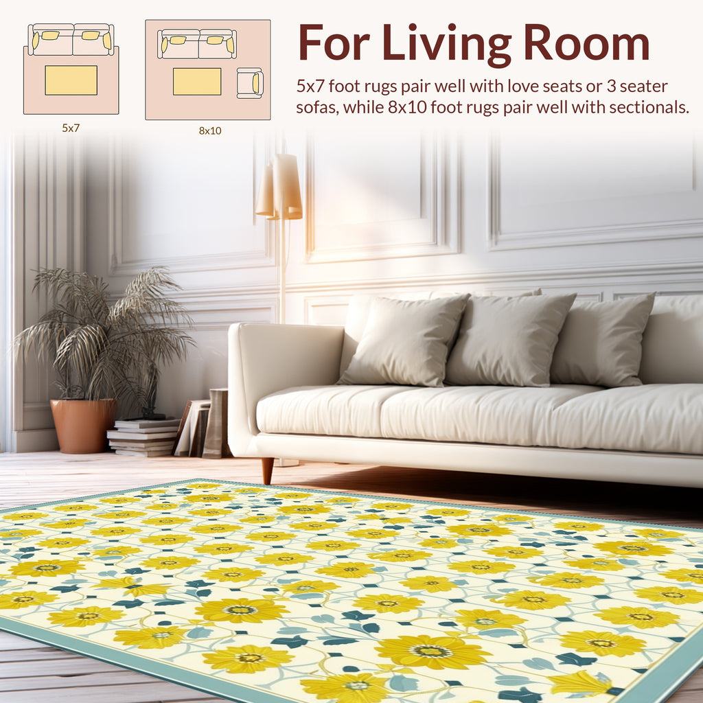 Yellow Floral Pattern Tile Rug