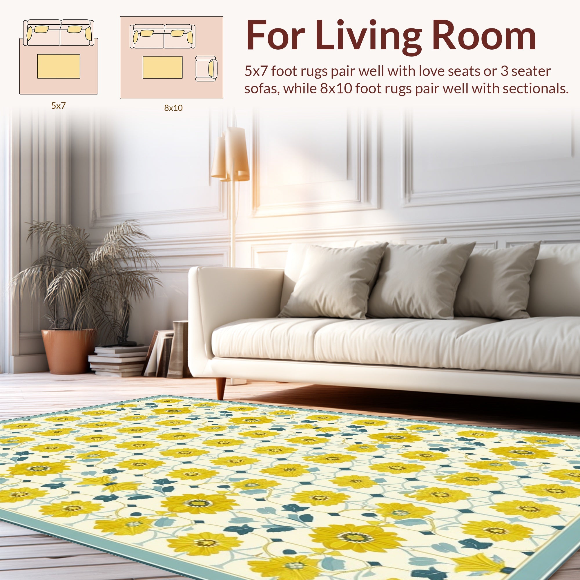 Yellow Floral Pattern Tile Rug