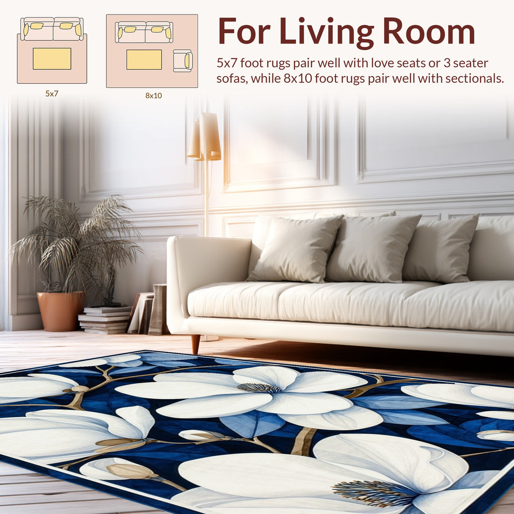 White Magnolia Blossom On Deep Blue Rug
