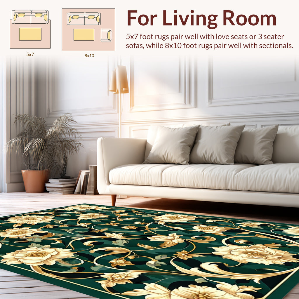 Elegant Floral Swirls Cream Green Rug