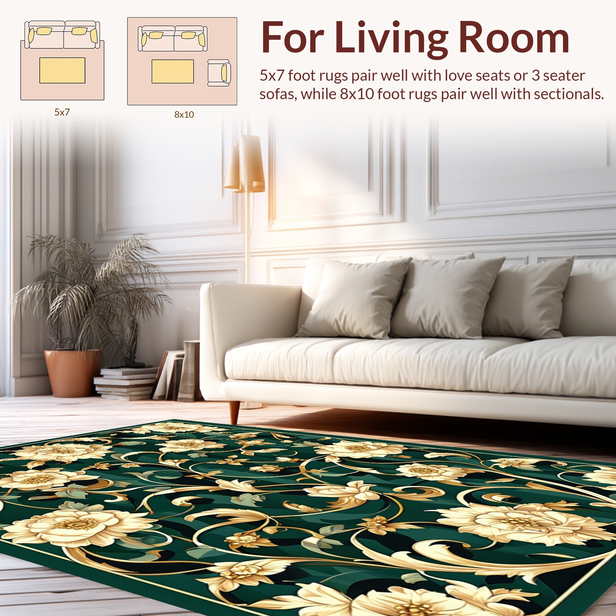 Elegant Floral Swirls Cream Green Rug