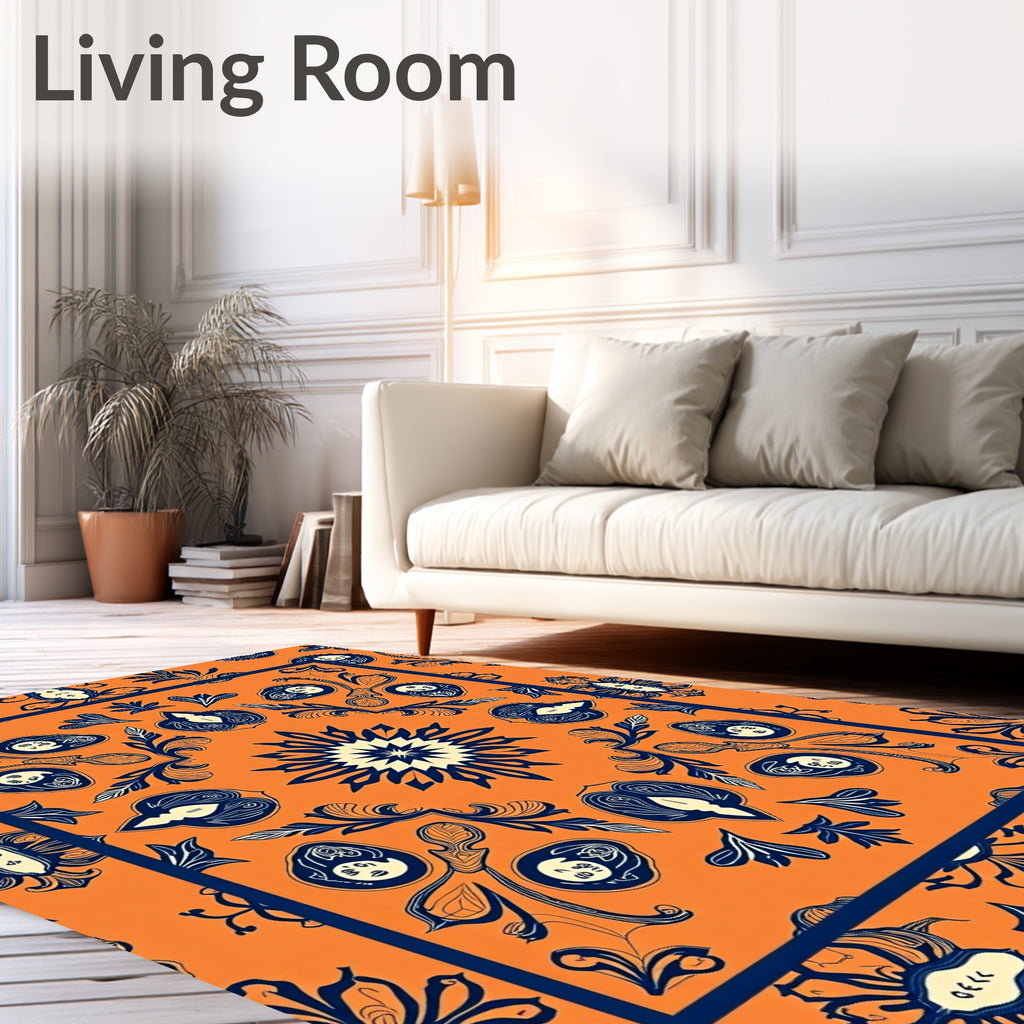 Orange Navy Floral Medallion Bordered Rug