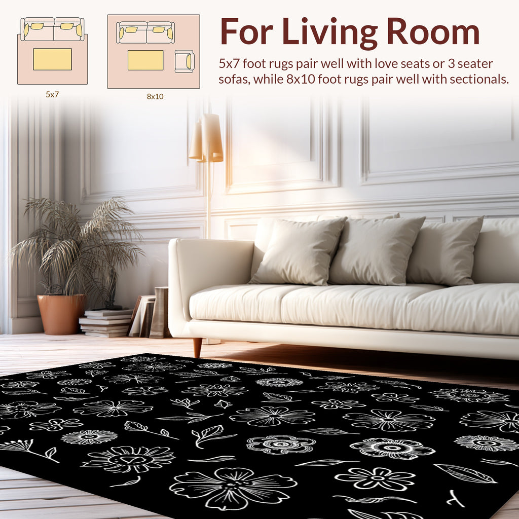 Floral Sketch White Daisy Pattern Rug
