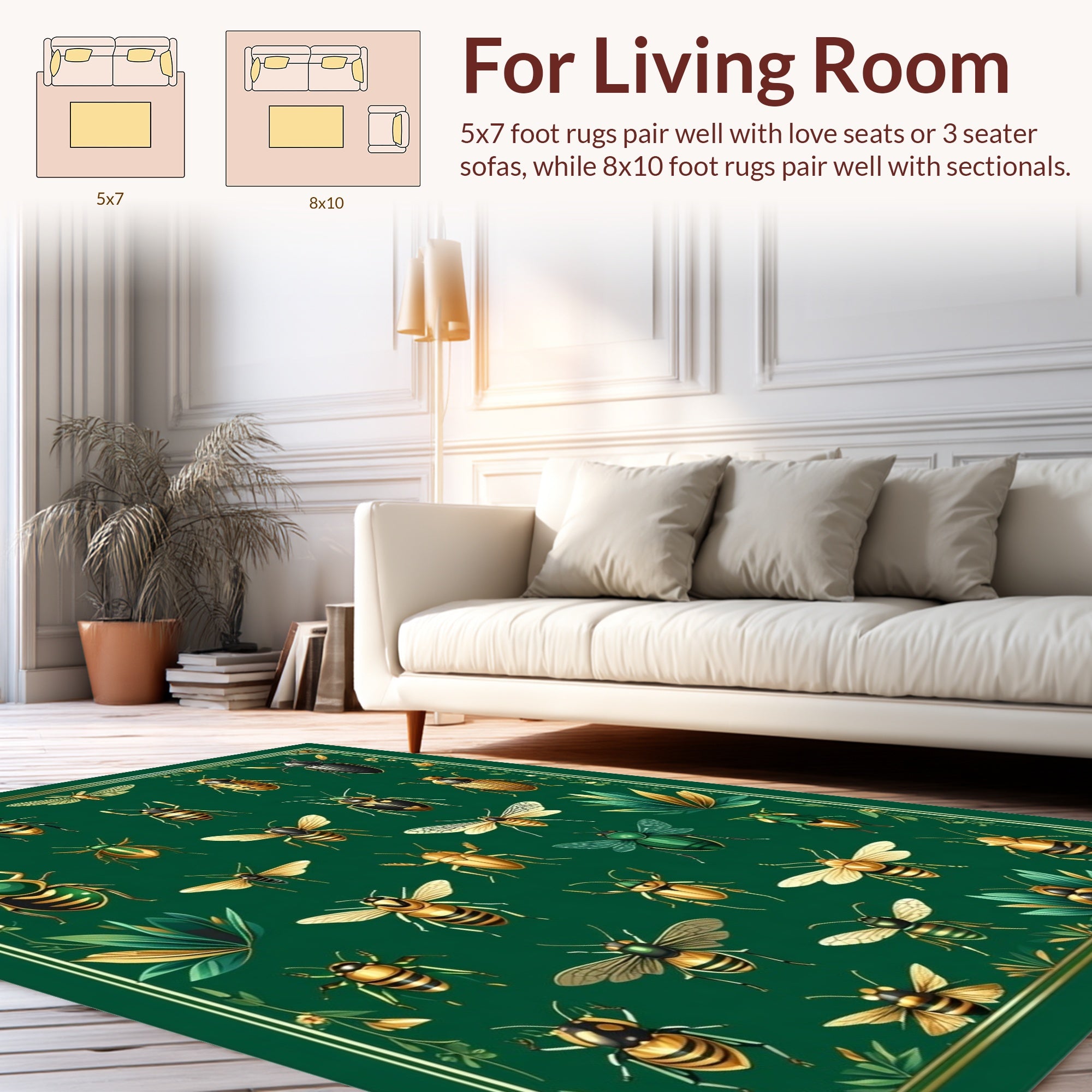 Insects Botanical Pattern Green Golden Rug