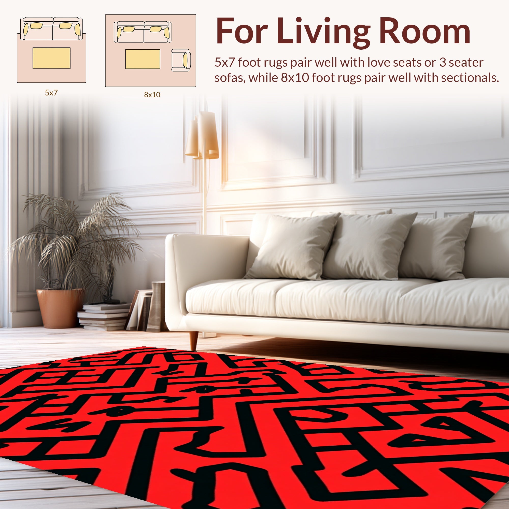 Bold Black Red Maze Pattern Rug