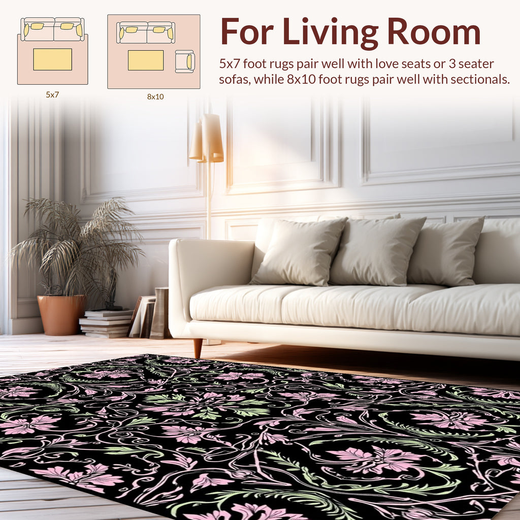 Pink and Green Floral Vines Pattern Rug